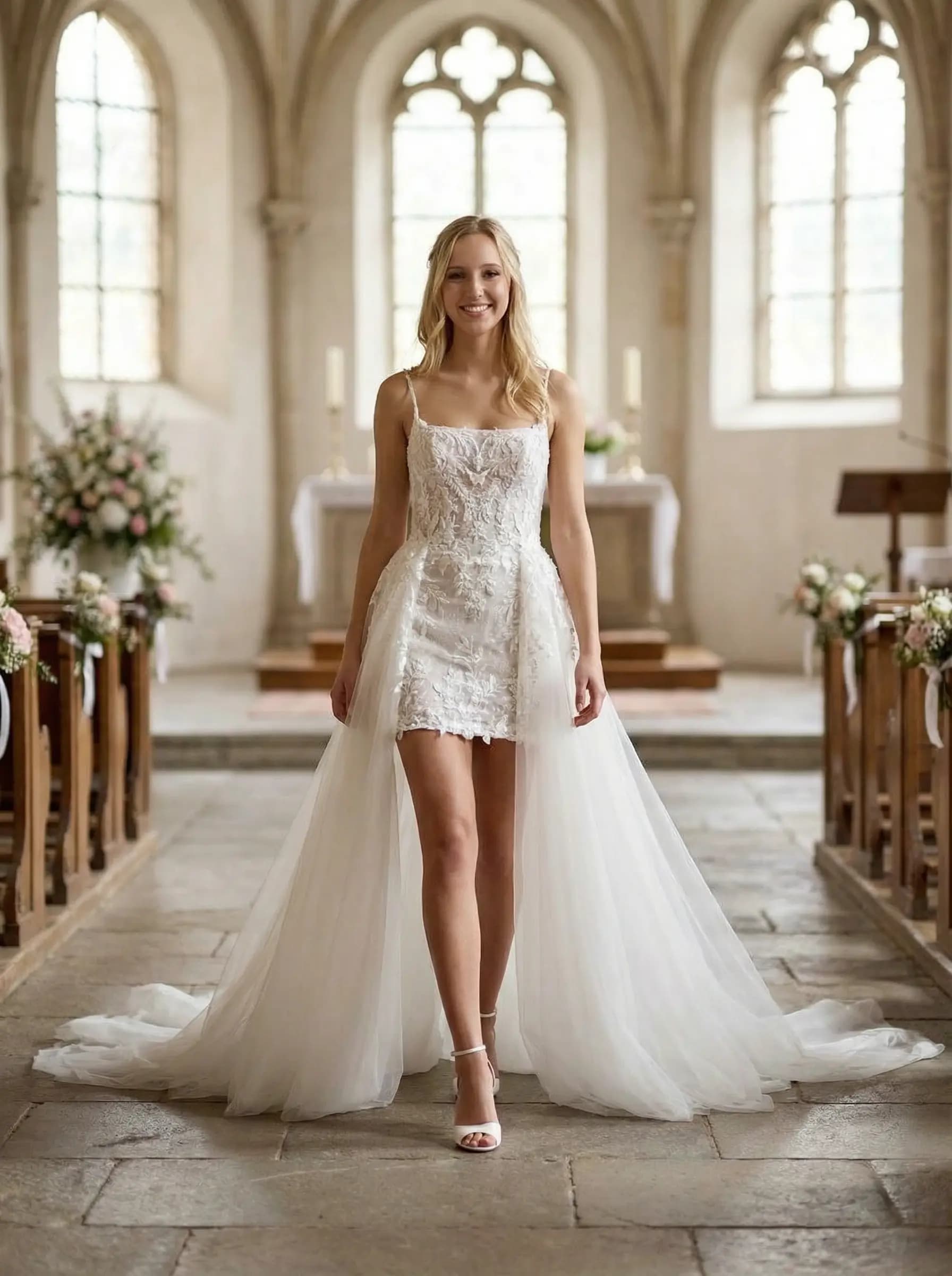 AI try-on: a bride seeing herself in a Justin Alexander gown