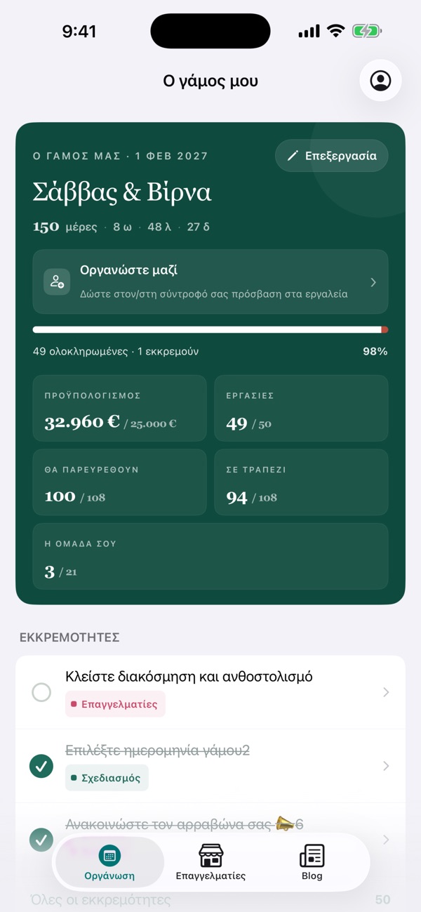 The EasyWedding iPhone app showing the wedding overview, budget, tasks and guests in Greek